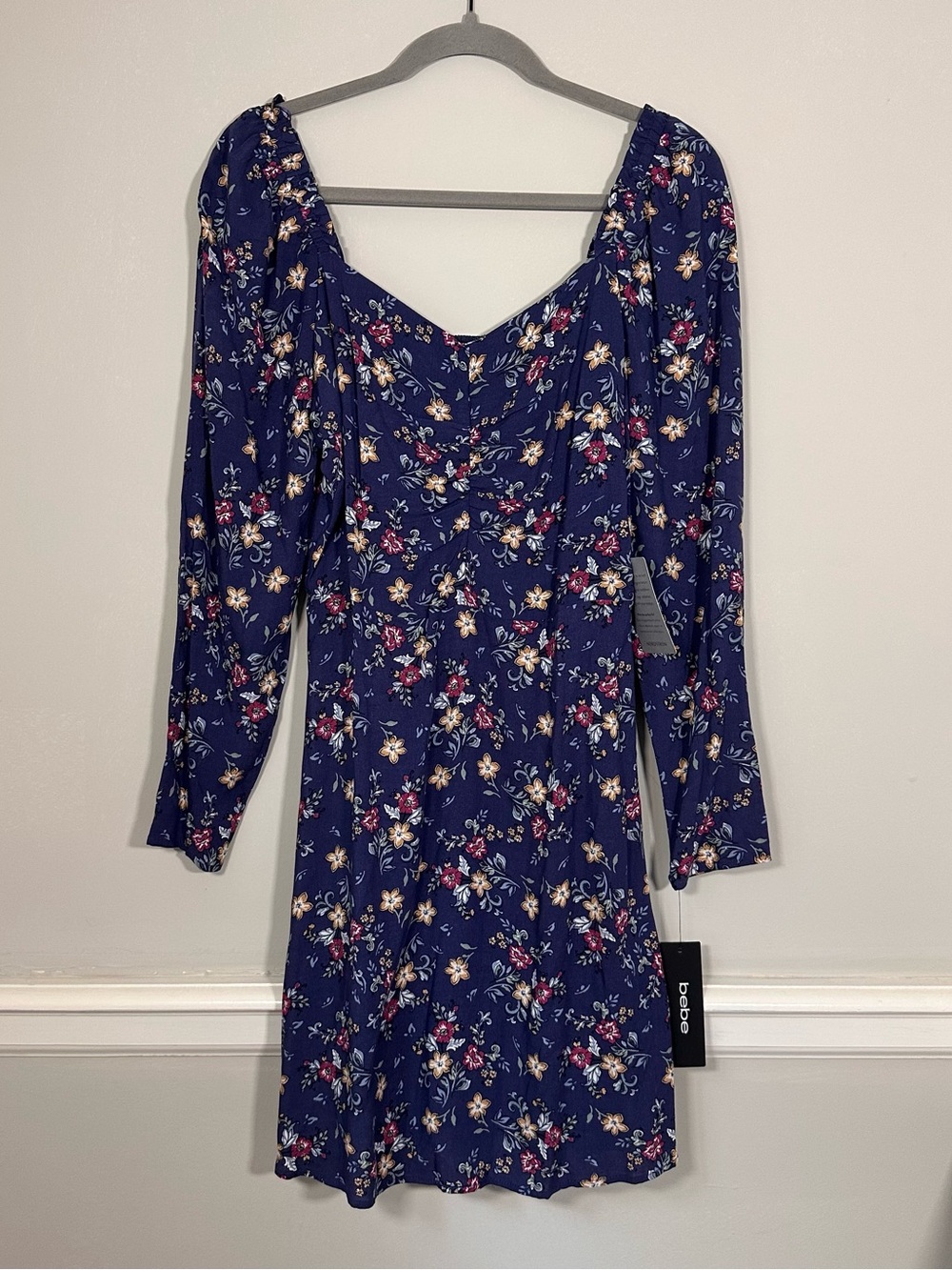 Bebe Navy Floral Long Sleeve Mini Dress Size L NWT Fall Romantic